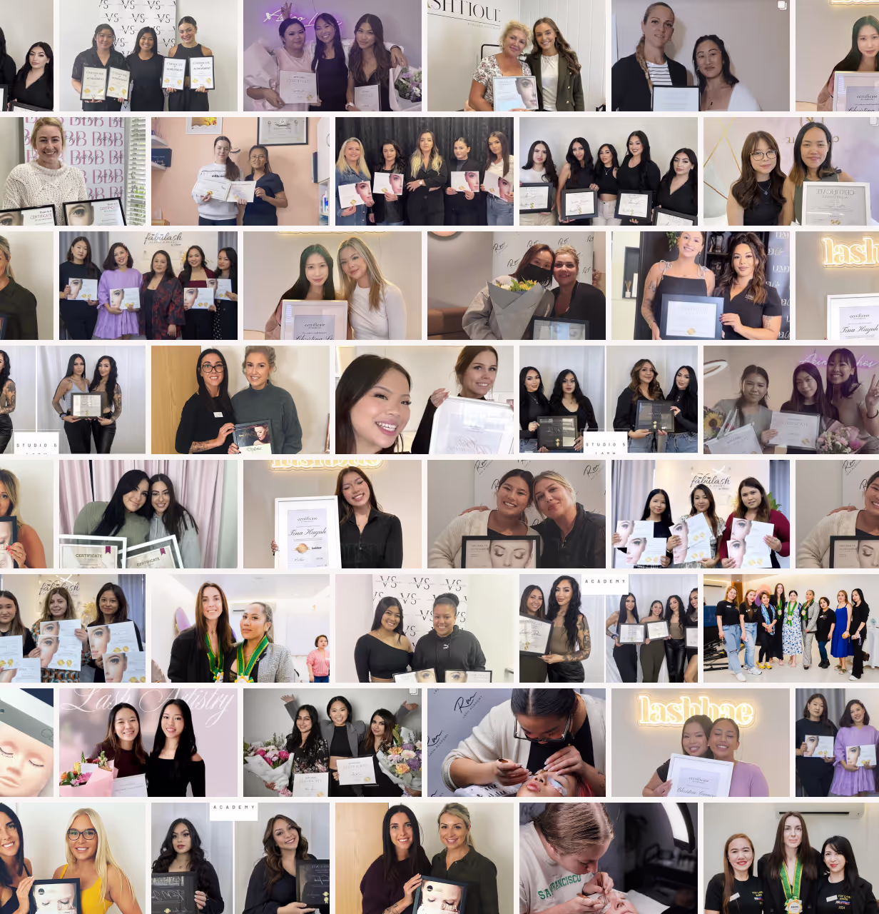 Collage of diverse individuals and groups proudly holding certificates and awards in various settings related to lash education and training.