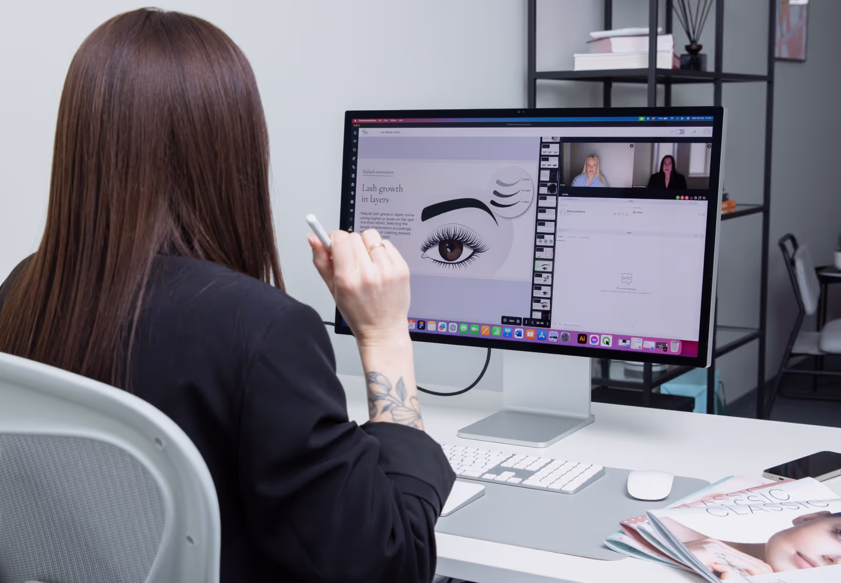 Online lash training session with screen showing lash diagrams.