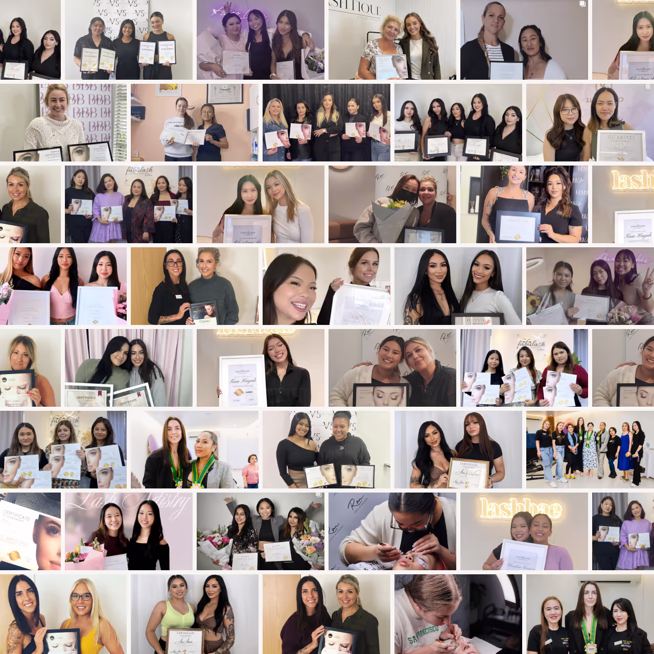 Group photo collage of students proudly holding certificates after completing lash training academy courses, showcasing diverse graduates and training sessions.