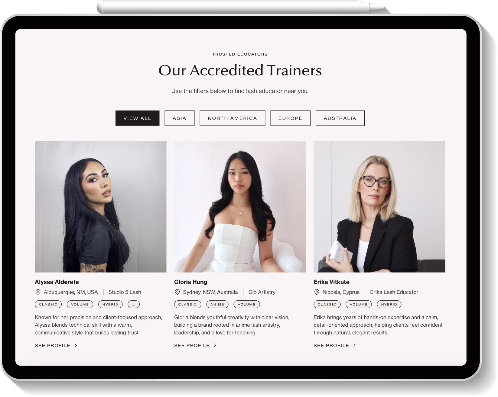 Preview of the RM Lash Academy Accredited Trainers page on a tablet screen.