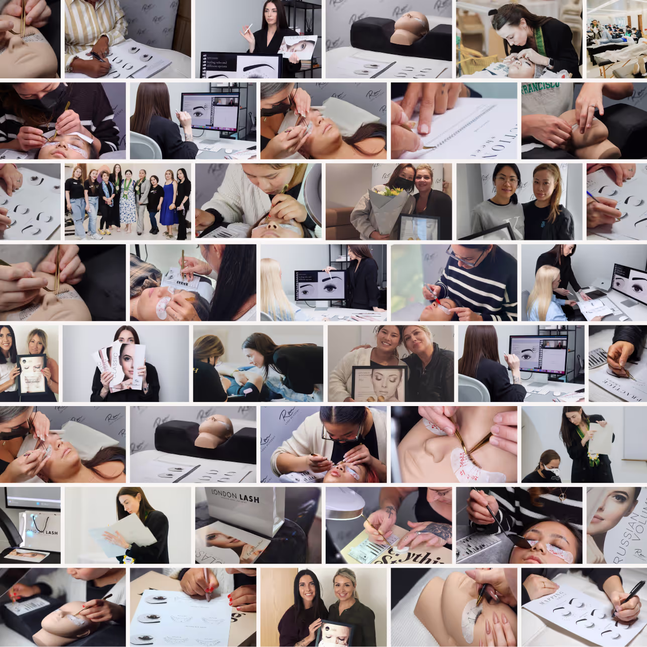 Collage of RM Lash Academy educators and students during hands-on eyelash extension training, certification ceremonies, and in-person courses, showcasing the learning experience, tools, and supportive community.