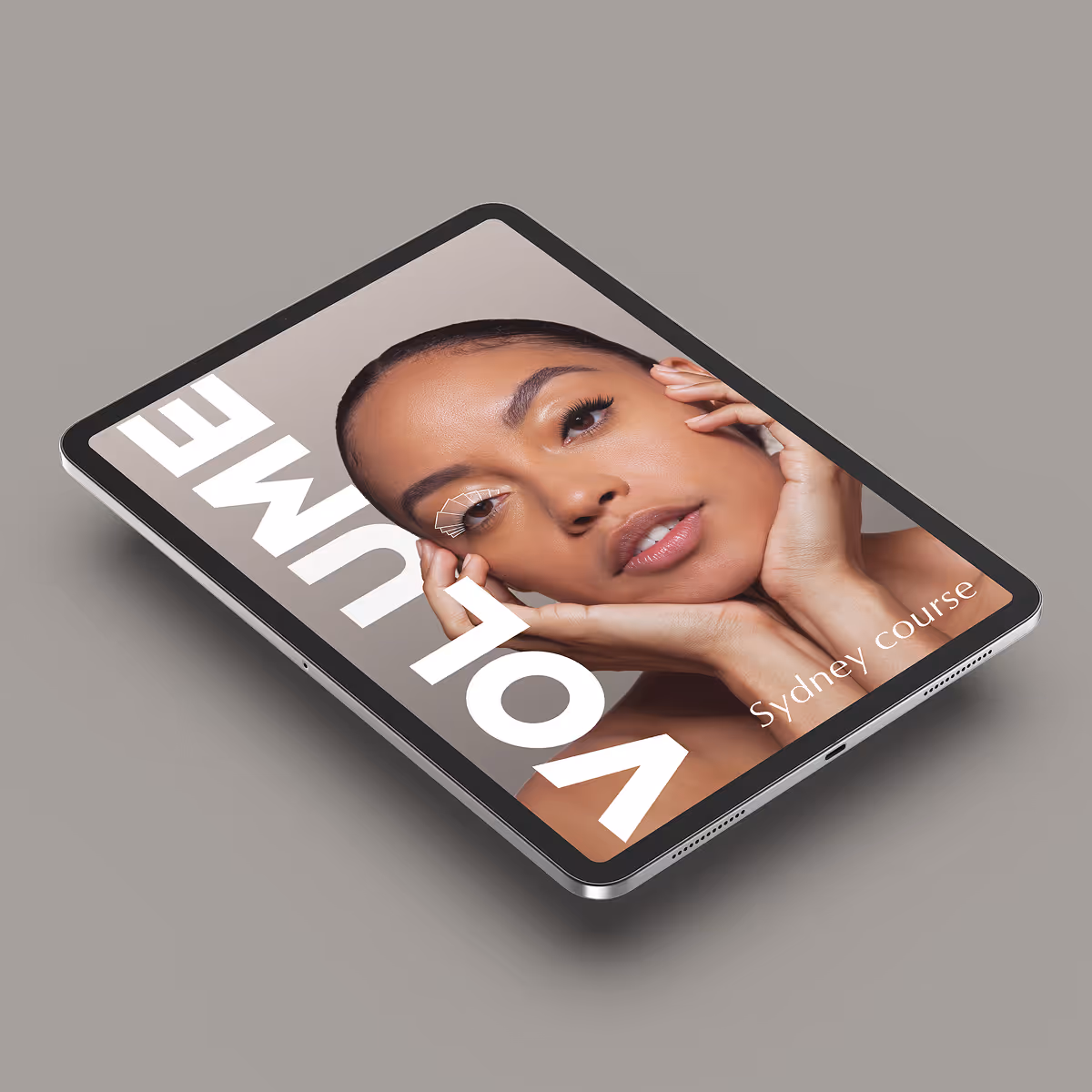 Volume Eyelash, Extension Course Sydney – tablet mockup with model and course title.